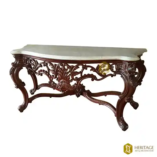 Indo Portuguese Wooden Console With Marble Top